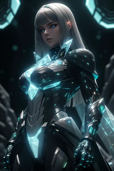 masterpiece, a portrait of a beautiful woman, relaxing, science fiction, [crystal (crNanosuit|War_Glam)::0.5], [power armor|crystal armor], wearing [crystal (crNanosuit|War_Glam)::0.5]_breastplate, <lyco:edgNanoWarrior:0.7>, <lora:Crystal-fC-V1:0.8>, cowboy shot, elegant, ray tracing, glowing eyes, doll, chestnut hair, lone nape hair, bioluminescent background,