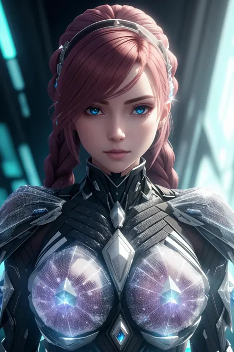 8k, professional artwork, hdr, a portrait of a beautiful woman, science fiction, [crystal (crNanosuit|War_Glam)::0.5], [power armor|crystal armor], wearing [crystal (crNanosuit|War_Glam)::0.5]_breastplate, <lyco:edgNanoWarrior:0.7>, <lora:Crystal-fC-V1:0.8>, hyper detail, depth of field, detailed skin, burgundy hair, french braid, luminescent background,