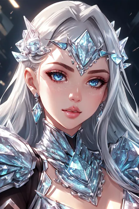 crystal armor, <lora:Crystal-fC-V1:1>, (sharp focus:1.2), portrait, ((posing)), (beautiful face:1.1), detailed eyes, luscious lips, ((skindentation)), (bright studio lighting:1.2), depth of field, bokeh, 4K, HD