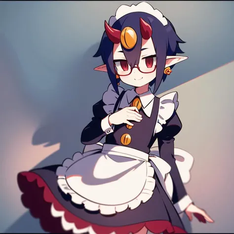 1girl, solo, masterpiece, best quality, illustration, absurdres, cute, film_grain, extremely detailed face, perfect lighting, smile, cowboy shot, <lora:desco_(disgaea):0.8>, desco \(disgaea\), short hair, hair between eyes, earrings, maid, maid dress, glasses, hair ornament,