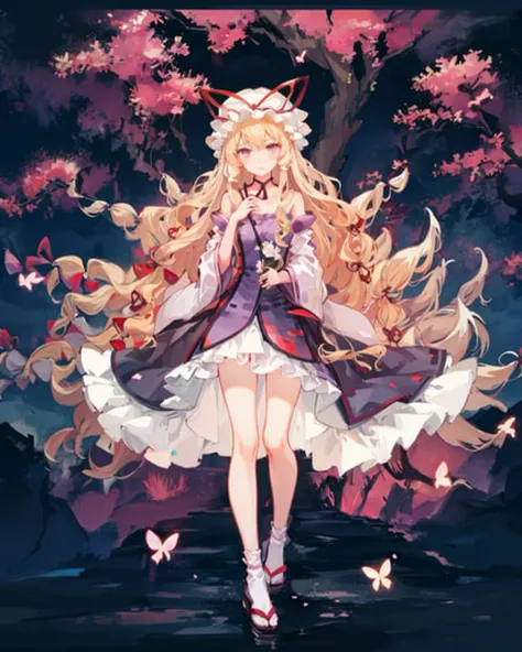 saigyou_ayakashi, <lora:SaigyouAyakashiV1-000008:1.0>, bare_tree, 1girl,((yakumo yukari)), blonde hair, full body, cowboy shot, cherry blossoms, butterfly,
