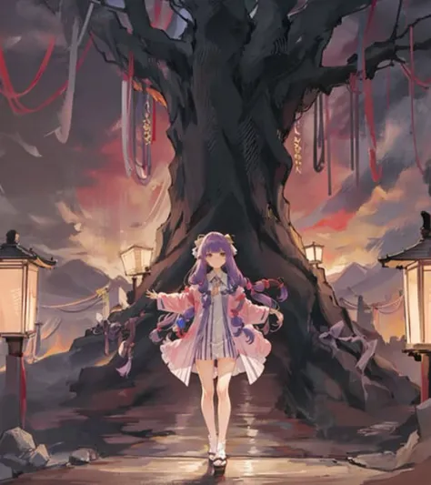 saigyou_ayakashi,  <lora:SaigyouAyakashiV1-000008:1.2>, bare_tree, 1girl,patchouli knowledge, purple hair, full body,