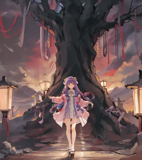 saigyou_ayakashi, <lora:SaigyouAyakashiV1-000008:1.2>, bare_tree, 1girl,patchouli knowledge, purple hair, full body,