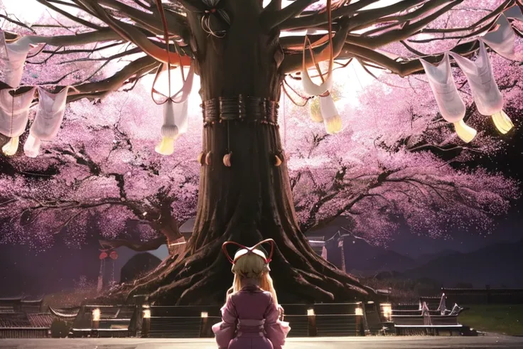 saigyou_ayakashi, bare_tree, 1girl,(yakumo yukari:1.4), blonde hair, cowboy shot, cherry blossoms, butterfly, <lora:BackgroundScenerySaigyou_v1:1>