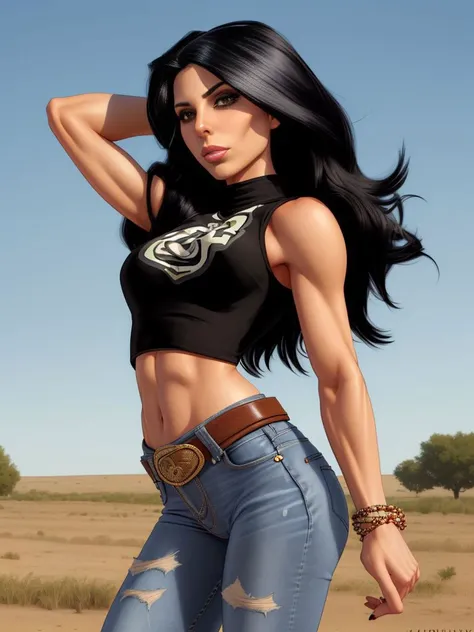Madison Ivy, medium length Black Hair, cowboy shot, jeans, crop top, <lora:tangbohu-breasts_1.2:-2>