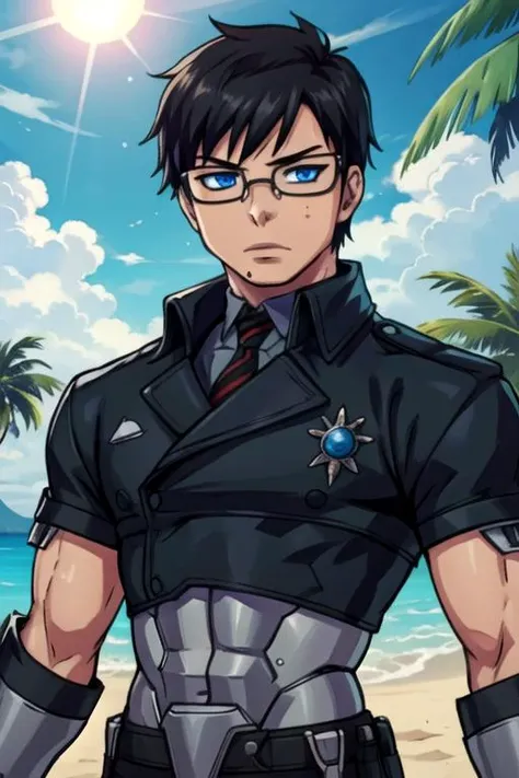 masterpiece, best quality, wallpaper, 1boy, solo, male focus, looking at viewer, upper body, depth of field, <lora:yukio_okumura:0.70>, yukio_okumura, black hair, blue eyes, glasses, robot costume, A tropical paradise where the sun shines brightly every day,