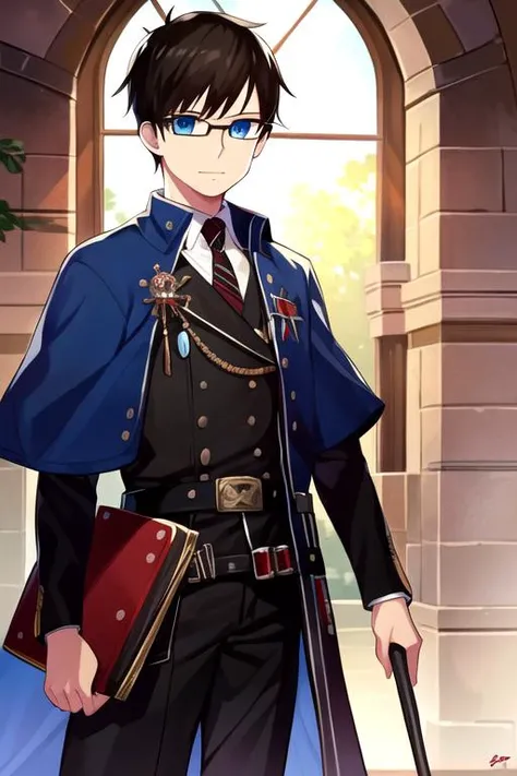 masterpiece, best quality, illustration, 1boy, solo, male focus, looking at viewer, , depth of field, <lora:yukio_okumura:0.76>, yukio_okumura, black hair, blue eyes, glasses, king costume, medieval europe, 2k resolution