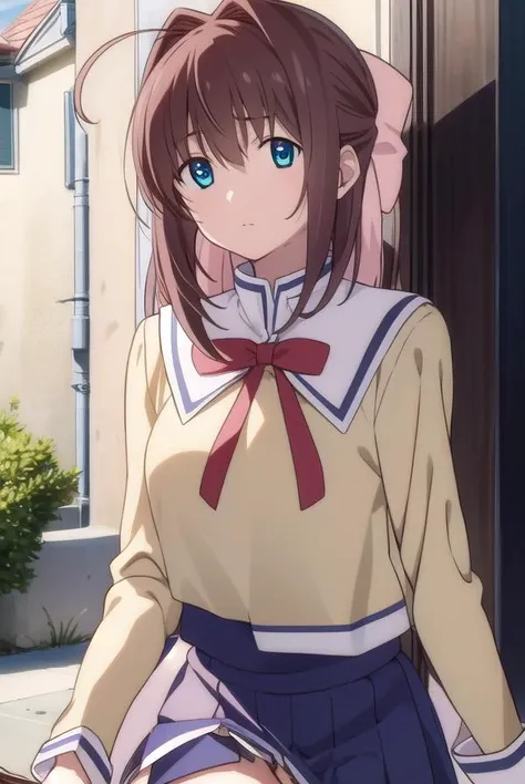 otomeasakura, <lyco:otomeasakura-lyco-nochekaiser:1>,
otome asakura, long hair, brown hair, bow, ahoge, hair bow, pink bow, blue eyes,
BREAK skirt, long sleeves, ribbon, school uniform, socks, kneehighs,
BREAK looking at viewer,
BREAK outdoors,
BREAK <lyco:GoodHands-beta2:1>, (masterpiece:1.2), best quality, high resolution, unity 8k wallpaper, (illustration:0.8), (beautiful detailed eyes:1.6), extremely detailed face, perfect lighting, extremely detailed CG, (perfect hands, perfect anatomy),