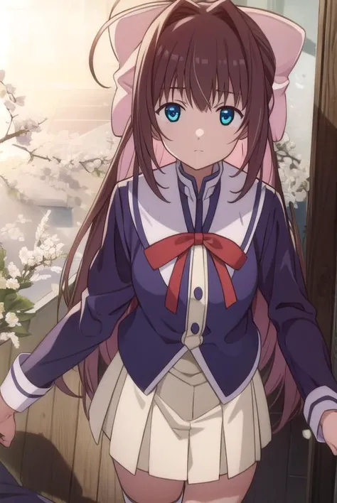 otomeasakura, <lyco:otomeasakura-lyco-nochekaiser:1>,
otome asakura, long hair, brown hair, bow, ahoge, hair bow, pink bow, blue eyes,
BREAK skirt, long sleeves, ribbon, school uniform, socks, kneehighs,
BREAK looking at viewer,
BREAK outdoors,
BREAK <lyco:GoodHands-beta2:1>, (masterpiece:1.2), best quality, high resolution, unity 8k wallpaper, (illustration:0.8), (beautiful detailed eyes:1.6), extremely detailed face, perfect lighting, extremely detailed CG, (perfect hands, perfect anatomy),