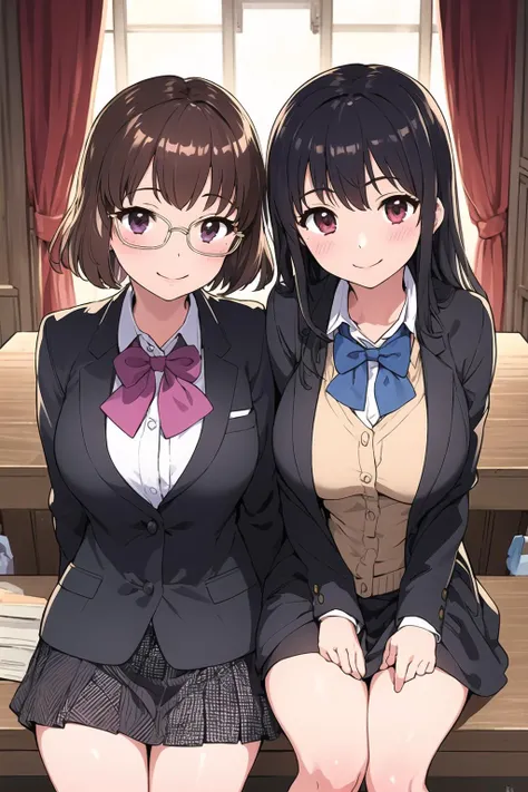detailing, Best quality, the library, A stands among the bookshelves, , transparent blouse, nipples are visible, Short skirt, thong, several girls in different parts of the library