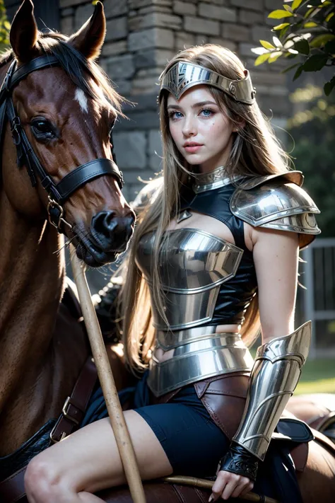 (realistic:1.3), finely detailed, quality, rembrandt lighting, (masterpiece:1.2), (photorealistic:1.2), (best quality), (detailed skin:1.3), (intricate details), dramatic, ray tracing, 1girl, Estrilda_AFK, 21 years old, detailed skin texture, (blush:0.5), (goosebumps:0.5), subsurface scattering, smiling, medium breasts, solo, long hair, blonde hair, blue eyes, breastplate, fauld, cuisses, greaves, pauldrons,gauntlets, head armor, polearm, holding polearm, (outdoors, riding horse, horse, bright sunny day), <lora:Estrilda_AFK:0.7>