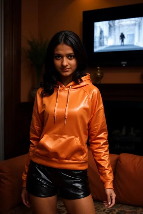(Cinematic Shot:1.3)(Medium long shot:1.3) Tower13_Aline (smile:1.3) (skinny, slim, slender, narrow waist:1.3)BREAK (Wearing Orange plastic Oversized hoodie, bike shorts, high-top sneakers:1.3) BREAK (In the Living Room , in Rome:1.3) ((Photo Focus, DOF, Aperture, insanely detailed and intricate, character, hypermaximalist, hyper realistic, super detailed, (lens flare)))<lora:exposure_control_v10:-0.3> <lora:more_details:0.3>