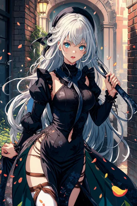1girl, <lora:ShizunaLoRaC2.11:0.9>, <lora:add_detail:0.2>, black victorian dress, silver hair, long hair,