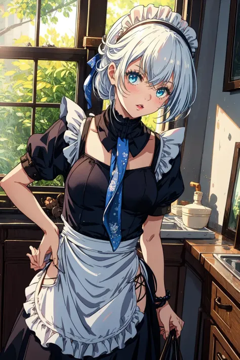 sentouinsnow, blue hair, long hair, blue eyes, large breasts, 1girl, pantyhose, maid, gloves, maid_headdress, solo, apron, frills, elbow_gloves, dress, black_gloves, black_legwear, short_hair, broom, lips, breasts, standing, puffy_sleeves, blush, looking_at_viewer, leaning_forward, open_mouth, holding, smile, bangs, earrings, black_dress, maid_apron, red_lips"glow effects, godrays, Hand drawn, render, 8k, octane render, cinema 4d, blender, dark, atmospheric 4k ultra detailed, cinematic, Sharp focus, big depth of field, Masterpiece, colors, 3d octane render, 4k, concept art, trending on artstation, hyperrealistic, Vivid colors, extremely detailed CG unity 8k wallpaper, trending on CGSociety, Intricate, High Detail, dramatic", anime coloring, anime screencap, sweating, steaming body, fog