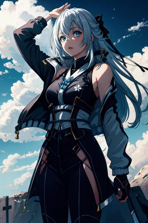 1girl, shizuna rem misurugi, jacket, <lora:ShizunaLoRaC1.26:0.7>, <lora:add_detail:0.2>, fantasy, cloudy sky,  pose, (()), Medium Close Up, Single Shot, Shallow Focus, Shoulder Level Shot, Full Front Staging, Looking At Viewer, Face, Front
