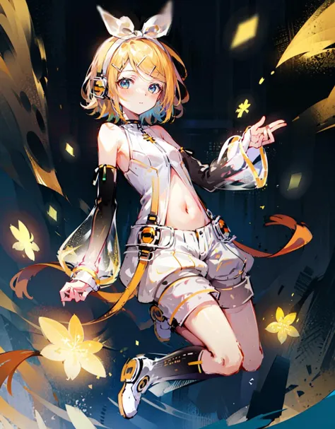 (masterpiece:1.28), best aesthetic, best quality, 1girl, solo, kagamine rin \(append\), headphones, arm warmers, vocaloid append, detached sleeves, leg warmers, short hair, blonde hair, blue eyes, kagamine rin (append), headband, hair ribbon, black sleeves, gradient clothes, bare shoulders, clothing cutout, hair ornament, navel, navel cutout, see-through sleeves, swept bangs, <lora:Kagamine_Rin_Append-08:1>, full body, pendant choker, white shorts,