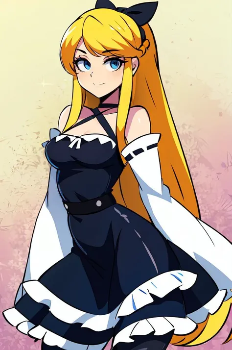 ultra detailed, masterpiece, best quality, waterfall,
solo,
cowboy shot,
facing viewer,
soft smile, light smile,
1girl, blue eyes, very long hair, blonde hair, long blonde hair, french braid, bangs, medium breasts,
hair ribbon, frilled choker, criss-cross halter, sleeveless dress, high-waist skirt, backless dress, waist bow, detached sleeves, frilled sleeves, wide sleeves, pantyhose, patterned legwear, mary janes, <lora:Bigdead_Style_Dim32:0.85> bigdead,