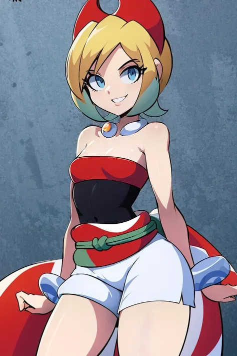 <lora:Bigdead_Style_Dim32:1>, ((masterpiece,best quality)), absurdres, <lora:irida_(pokemon)_v1:0.7>, aairida, short hair, red hairband, neck ring, collar, strapless shirt, red shirt, bracelet, sash, waist cape, white shorts, bare legs, solo, smiling, looking at viewer, cowboy shot, cinematic composition, contrapposto,
