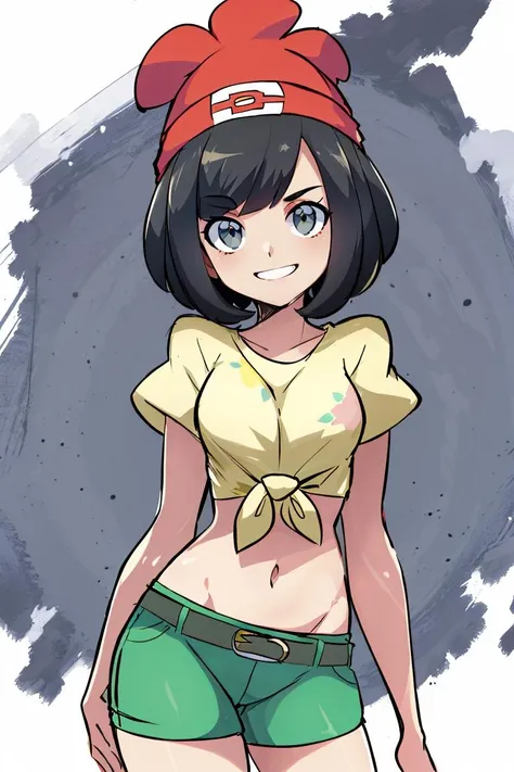 <lora:Bigdead_Style_Dim32:0.8>, ((masterpiece,best quality)), absurdres, <lora:selene_(pokemon)_v1:0.7>, selene \(pokemon\), solo, grey eyes, black hair, green shorts, red headwear, beanie, shirt, tied shirt, floral print, short hair, short sleeves, short shorts, striped, yellow shirt, belt, midriff, solo, smiling, looking at viewer, cowboy shot, cinematic composition, contrapposto,