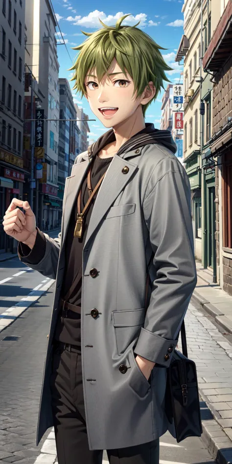 akiyama hayato\(side-m\), 1boy, solo, male focus, looking at viewer, brown eyes, green hair, smile, open mouth, upper teeth only, <lora:hipoly_3dcg_v7-epoch:0.3:NF>, <lora:Ikeikedo_Up_de_Kusa_LoRA:0.2:NB>