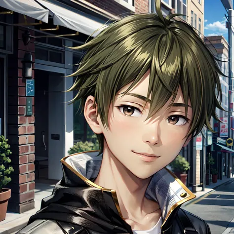 akiyama hayato\(side-m\), 1boy, solo, male focus, looking at viewer, brown eyes, green hair, smile, close-up