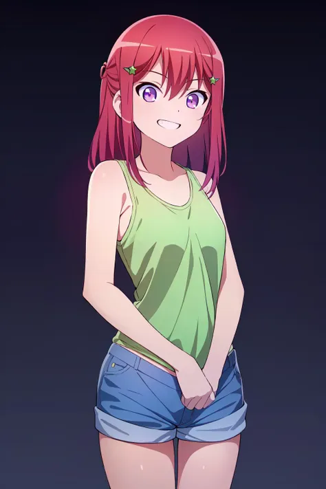 (extremely detailed CG unity 8k wallpaper), (masterpiece), (best quality), (ultra-detailed), (best illustration), (best shadow), (absurdres), ((perfect female body)), 1girl, solo,Tomoyo Kanzaki, 1girl, red hair, hair ornament, purple eyes, solo, star (symbol), <lora:Tomoyo_Kanzaki:0.7>, tank top, shorts, cowboy shot, grin,