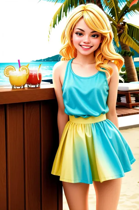 tv_Elsa_Jean_PS_V16, , laughing expression, wearing a summer dress, standing at a beach bar, tropical resort, colorful cocktails, golden hour,, (((epic-Ultra-HD-details, epic-Ultra-HD-highlights, upscaled-resolution, optimal))) , PA7_Photo