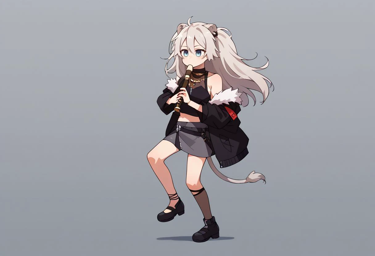 score_9, score_8_up, score_7_up, source_anime, 1girl, solo, kyoufuuallback, full body, holding flute, BotanBase, long hair, two side up, ear piercing, lion tail, necklace, black shirt, sleeveless shirt, midriff, see-trough, grey skirt, single leg pantyhose, pantyhose, fur-trimmed jacket, black jacket, off shoulder, simple background, grey background, <lora:concept_kyoufuuallback_ponyXL:1>, <lora:ShishiroBotanPDXL:1>