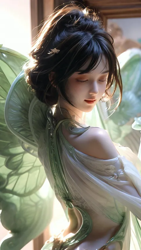 masterpiece,best quality,jade,jade sculpture,1girl,looking at viewer,close eyes,bikini,dancing,bare shoulders,short hair,butterfly,butterfly wings,front light,cinematic light,Side-swept bangs Hair.fluttering hair,
<lora:GoodHands-vanilla:1>,<lora:add_detail:1>,<lora:Better light:1>,<lora:Jadestyle_20230820153305:1>,