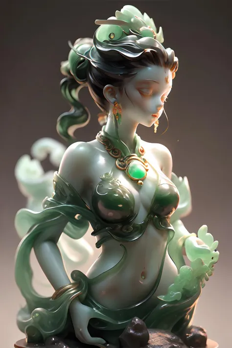 masterpiece,best quality, jade, jade sculpture, 1 girl , bikini, bare shoulders, short hair, wave,coral , floating rock, <lora:Jadestyle_V1:1>