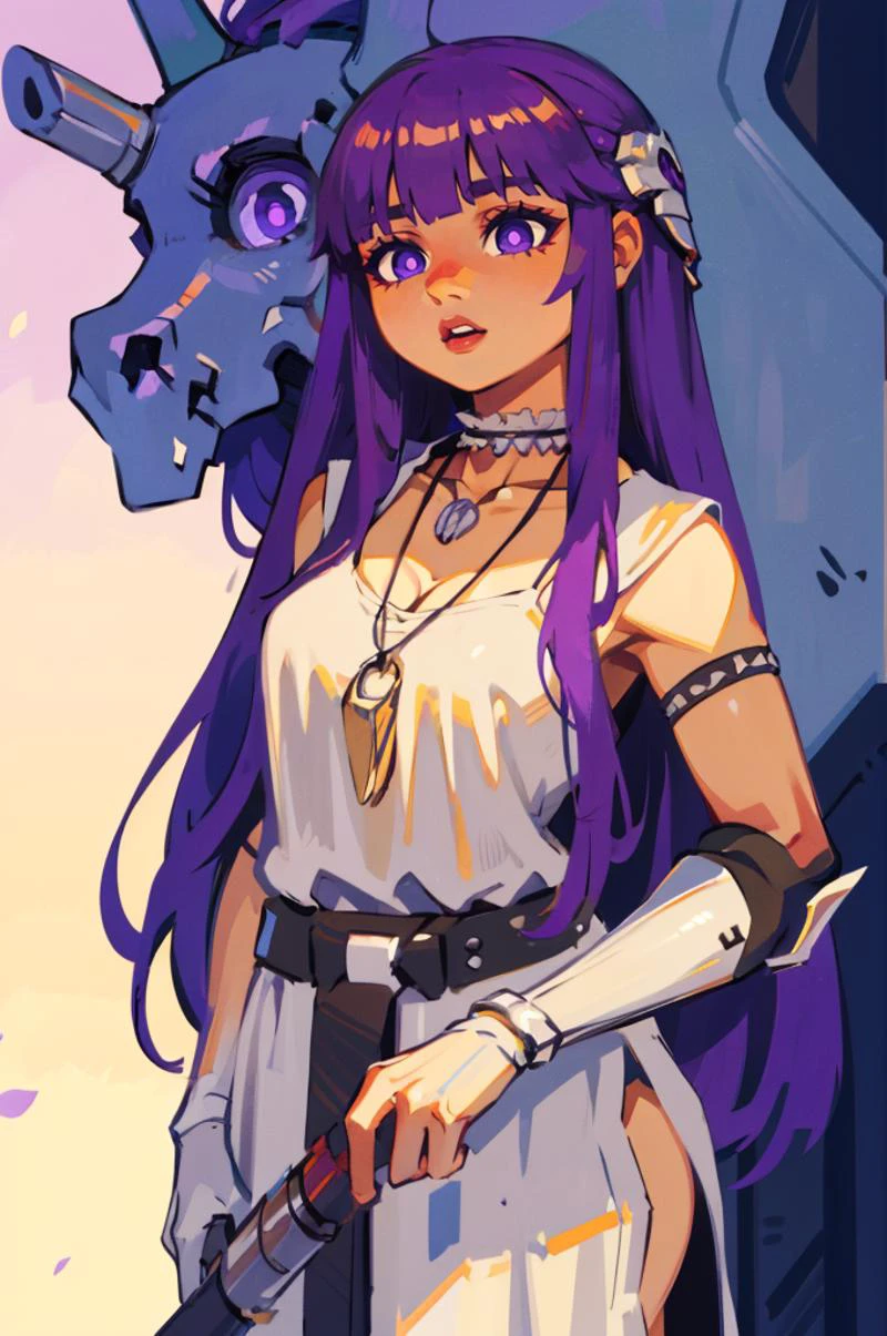 cowboy shot, <lora:Savage_Design:0.7> Savage_Design, bone necklace, tribal, robot joints, <lora:Fern:0.9> FernFrieren, very long hair, purple eyes, (purple pupils),, ultra detailed, masterpiece, best quality, aesthetic, detailed,