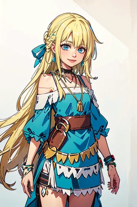 cowboy shot, <lora:Savage_Design:0.8> Savage_Design, bone necklace, tribal, <lora:Marina_Lucce_Maxetto_OC_v2:0.5> smile, Marina_Lucce_Maxetto_OC, 1girl, solo, blonde, very long hair, french braid, hair ribbon,, ultra detailed, masterpiece, best quality, aesthetic, detailed,