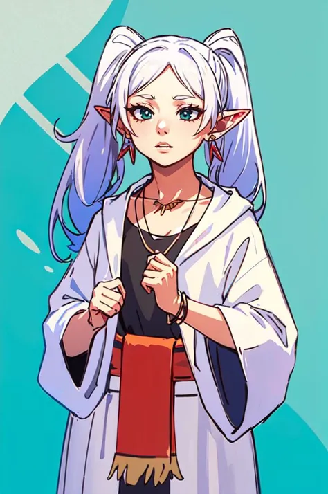 cowboy shot,  <lora:Savage_Design:0.8> Savage_Design,  bone necklace, tribal,   <lora:Frieren:0.65>  FrierenBase, twintails, earrings, white robe,, ultra detailed, masterpiece, best quality, aesthetic, detailed,