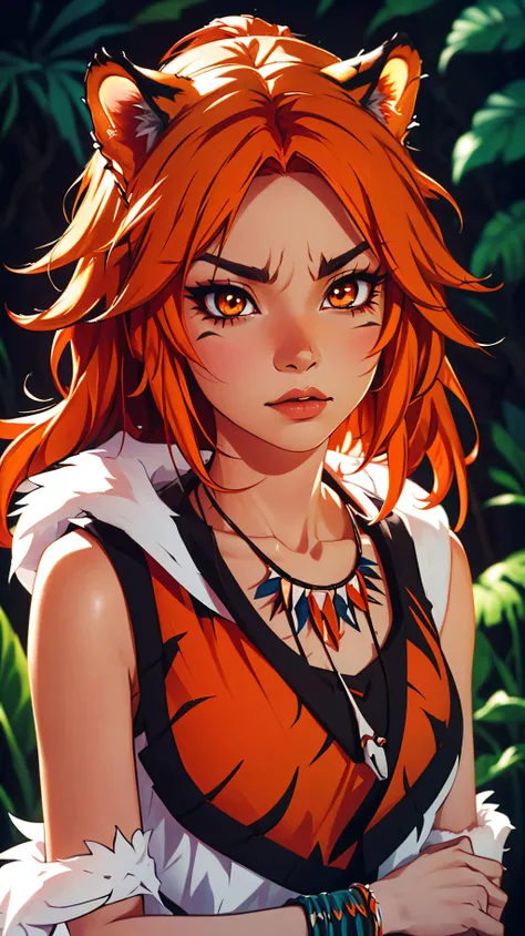 Cowboy shot, Upper body,(best quality, masterpiece, perfect face), 1girl, Savage_Design, tribal, bone necklace, tiger ears, ginger hair, tiger eyes, fur clothes, orange fur, dynamic pose, jungle background, (anime, cute, soft light, dramatic light, sharp, HDR), <lora:Savage_Design:1>