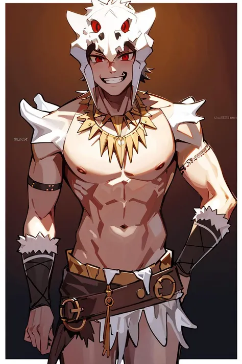 ((masterpiece,best quality)), absurdres,
<lora:Savage_Design:0.8>, Savage_Design, 1boy, bone necklace, evil smile, red eyes,
solo, smiling, looking at viewer, cowboy shot,
cinematic composition, dynamic pose,