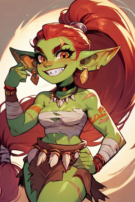 score_9, score_8_up, score_8, medium breasts, zzSavage, (curvy), cute, eyelashes, zzSavage, 1girl, solo, long hair, smile, bare shoulders, jewelry, medium breasts, very long hair, ponytail, red hair, earrings, teeth, choker, pointy ears, grin, orange eyes, torn clothes, colored skin, black choker, scar, bandages, high ponytail, sharp teeth, low-tied long hair, sarashi, blue skin, green skin, chest sarashi, goblin bone necklace, tribal, solo, looking at viewer, cowboy shot, <lora:Savage_P1:0.8>,