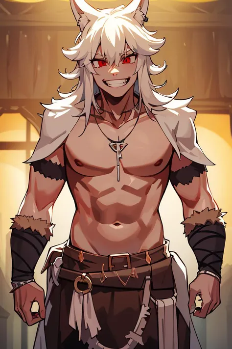 ((masterpiece,best quality)), absurdres,
<lora:Savage_Design:0.8>, Savage_Design, 1boy, bone necklace, evil smile, red eyes,
solo, smiling, looking at viewer, cowboy shot,
cinematic composition, dynamic pose,