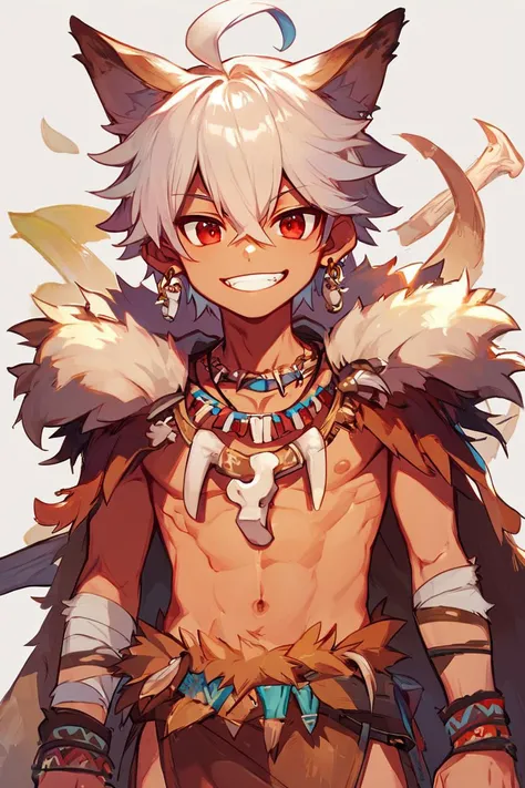 score_9, score_8_up, score_8, zzSavage, solo, looking at viewer, smile, red eyes, 1boy, animal ears, hair between eyes, jewelry, ahoge, white hair, male focus, cowboy shot, earrings, artist name, necklace, cape, grin, fur trim, bandages, tooth necklace bone necklace, tribal, solo, looking at viewer, cowboy shot, <lora:Savage_P1:0.8>,