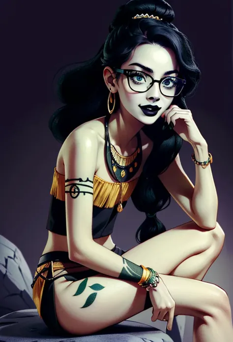 (masterpiece:1.4), (high res), HD, 4k, ((best quality:1.3)), beautiful face, detailed face, ultra-detailed, (solo focus, solo), facing viewer, (cave background, sitting on a rock, simple background:1.3), (looking at viewer), 1girl, female, tattoo,( smile, wide smile), makeup, jewelry, large intricate hair, (Skitter from web serial Worm, ((black hair)), long wavy hair, big hair, loose hair, green eyes, (glasses:1.3) <lora:breastsizeslideroffset:-1>), (detailed tattoos, intricate tattoo, ((tribaltattoo)), shoulder tattoo,) (<lora:ColoredLipstick:1> (black lips) (lipstick, black lipstick)), big hair, (very long hair:1.3), <lora:Savage_Design:1> Savage_Design, bone necklace, tribal, cavewoman, <lora:quiron_DmitrysArtstyle_v3_Lora:.1> DmitrysQuiron style,