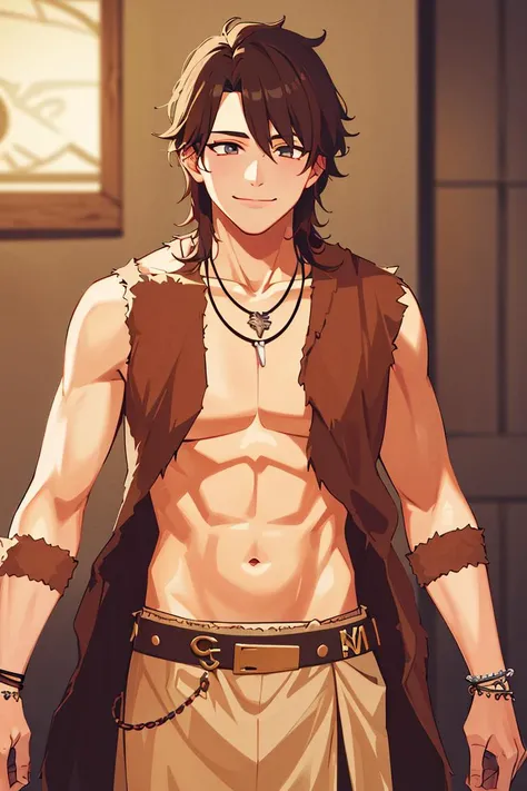 ((masterpiece,best quality)), absurdres,
<lora:Savage_Design:0.8>, Savage_Design, 1boy, bone necklace, detailed eyes, brown hair,
solo, smiling, looking at viewer, cowboy shot,
cinematic composition, dynamic pose,