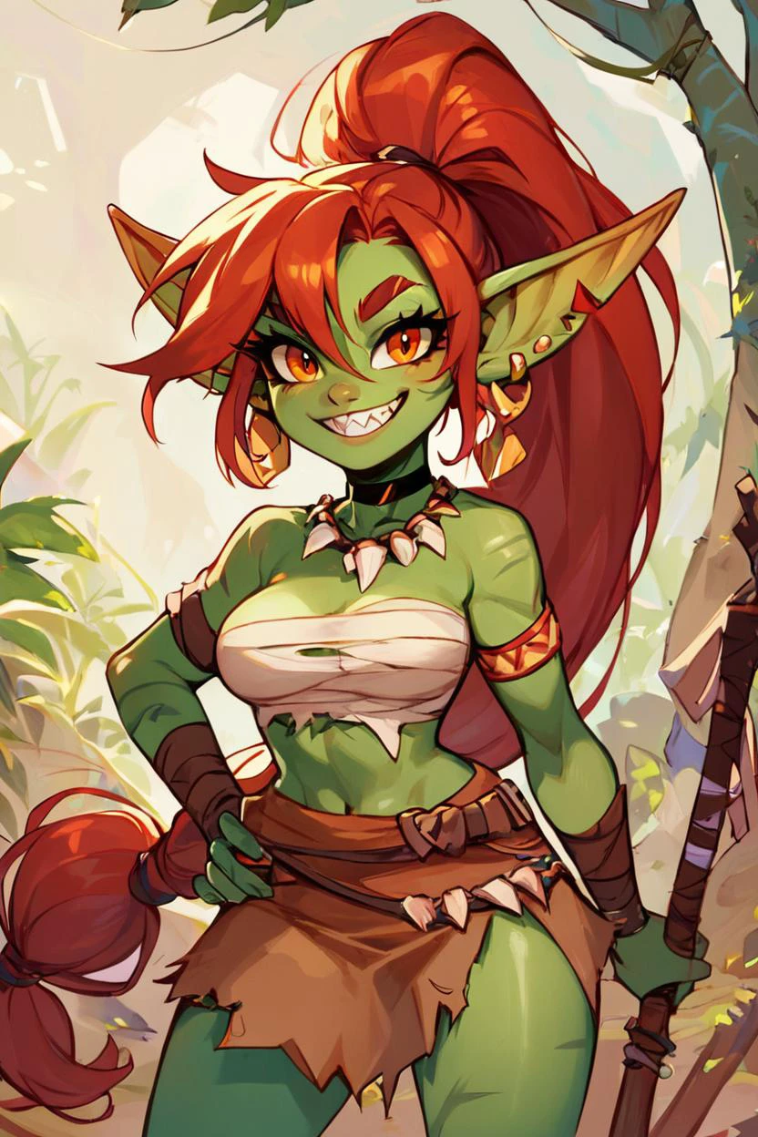 score_9, score_8_up, score_8, medium breasts, zzSavage, (curvy), cute, eyelashes, zzSavage, 1girl, solo, long hair, smile, bare shoulders, jewelry, medium breasts, very long hair, ponytail, red hair, earrings, teeth, choker, pointy ears, grin, orange eyes, torn clothes, colored skin, black choker, scar, bandages, high ponytail, sharp teeth, low-tied long hair, sarashi, blue skin, green skin, chest sarashi, goblin bone necklace, tribal, solo, looking at viewer, cowboy shot, <lora:Savage_P1:0.8>,