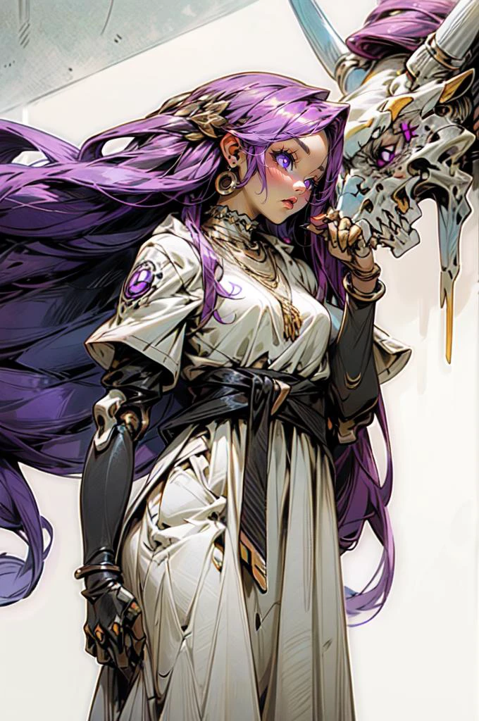 <lora:Savage_Design:0.7> Savage_Design, bone necklace, tribal, robot joints, <lora:Fern:0.9> FernFrieren, very long hair, purple eyes, (purple pupils), white dress,, ultra detailed, masterpiece, best quality, aesthetic, detailed,