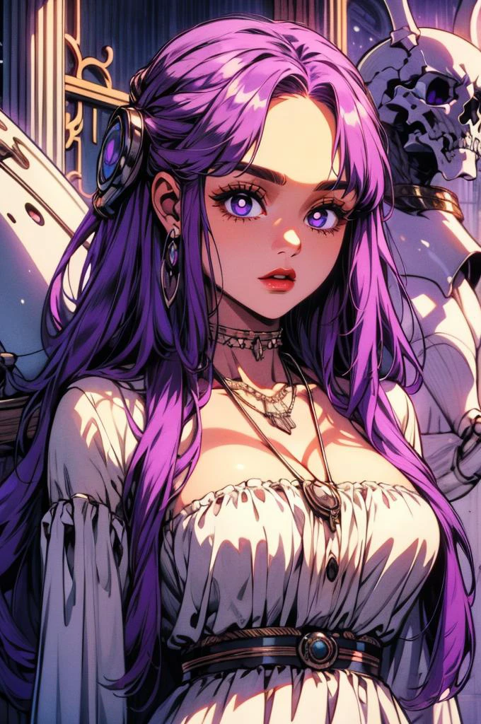 <lora:Savage_Design:0.7> Savage_Design, bone necklace, tribal, robot joints, <lora:Fern:0.9> FernFrieren, very long hair, purple eyes, (purple pupils), white dress,, ultra detailed, masterpiece, best quality, aesthetic, detailed,