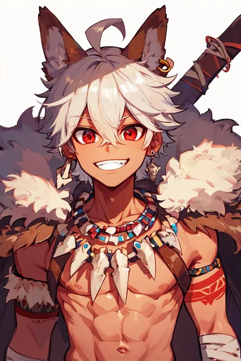 score_9, score_8_up, score_8, zzSavage, solo, looking at viewer, smile, red eyes, 1boy, animal ears, hair between eyes, jewelry, ahoge, white hair, male focus, cowboy shot, earrings, artist name, necklace, cape, grin, fur trim, bandages, tooth necklace bone necklace, tribal, solo, looking at viewer, cowboy shot, <lora:Savage_P1:0.8>,