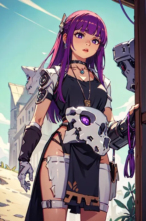 cowboy shot, <lora:Savage_Design:0.7> Savage_Design, bone necklace, tribal, robot joints, <lora:Fern:0.9> FernFrieren, very long hair, purple eyes, (purple pupils), <lora:horizon:0.5> horizon, machinery,robot,, ultra detailed, masterpiece, best quality, aesthetic, detailed,