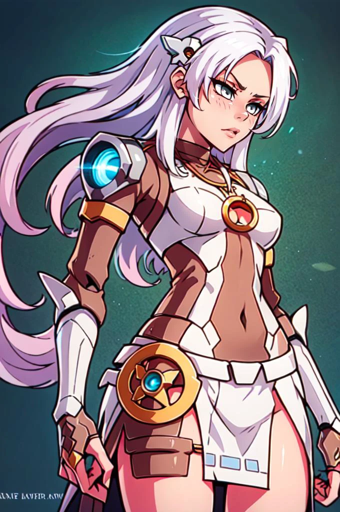<lora:Savage_Design:0.9> Savage_Design, bone necklace, tribal, <lora:mecha_offset:0.25> mecha musume, mechanical parts, robot joints,, ultra detailed, masterpiece, best quality, aesthetic, detailed,, serious, 1girl, (white eyes:1.1), (grey eyes:1.3), white hair, very long hair, parted hair, parted bangs, <lora:parted_hair_v1.3:1.3>, medium breasts,, valkyrie, (bodysuit:1.1), pink wing hair ornament, grey armored skirt, black bodysuit, armor, gauntlets, pink breastplate, greaves, armored dress, pink hues,