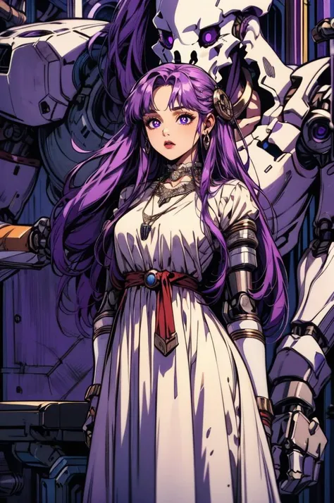 <lora:Savage_Design:0.7> Savage_Design,  bone necklace, tribal,  robot joints,  <lora:Fern:0.9> FernFrieren, very long hair, purple eyes, (purple pupils), white dress,  <lora:mecha_offset:0.5>  mechanical parts, robot joints,, ultra detailed, masterpiece, best quality, aesthetic, detailed,