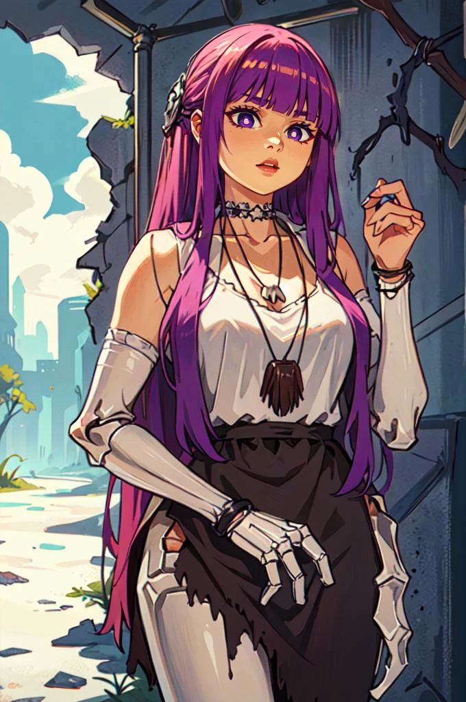 cowboy shot, <lora:Savage_Design:0.7> Savage_Design, bone necklace, tribal, robot joints, <lora:Fern:0.9> FernFrieren, very long hair, purple eyes, (purple pupils), <lora:robot-seams:0.25> android-seams, revealing clothes, post-apocalypse, ruins, dinosaur skeleton, dinosaur bones,, ultra detailed, masterpiece, best quality, aesthetic, detailed,