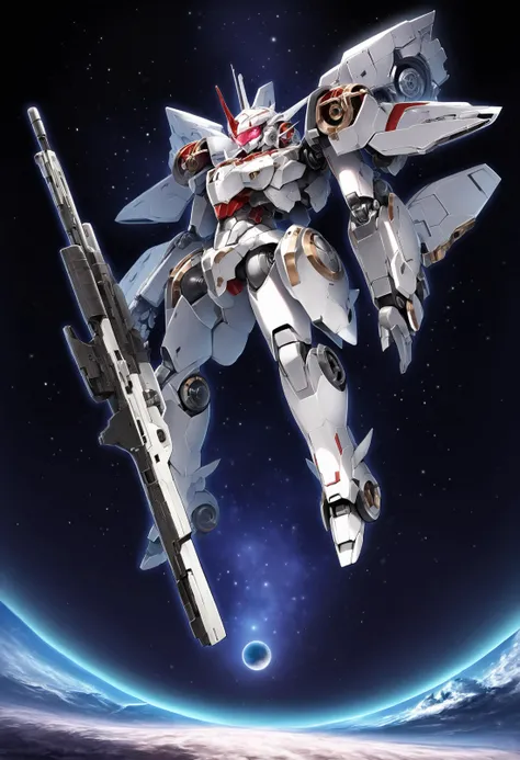 masterpiece,great,best,1other,mecha,robot,(mobile suit:1.2),white armor,(yellow accent armor:1.3),full body,red accent armor,grey grame,intricate,no humans,(v-fin:1.3),shield,flying,beam rifle,space,starry sky,thrusters,visor \(armor\),glowing,horizon,planet,sun,moon,funnels,realistic,
