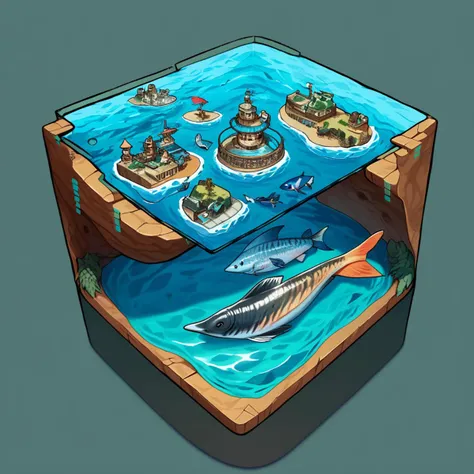 masterpiece,great,best,isometric,cubic diorama,transparent,wave,water,floating island,ocean,fish,birds,